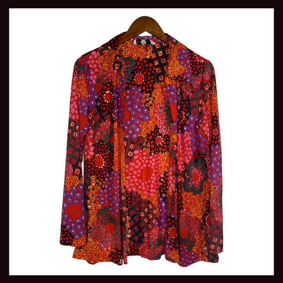 Vintage Psychedelic Print Blouse Red Purple Orange 70s Mod Boho Kenny Classics M - Picture 1 of 9